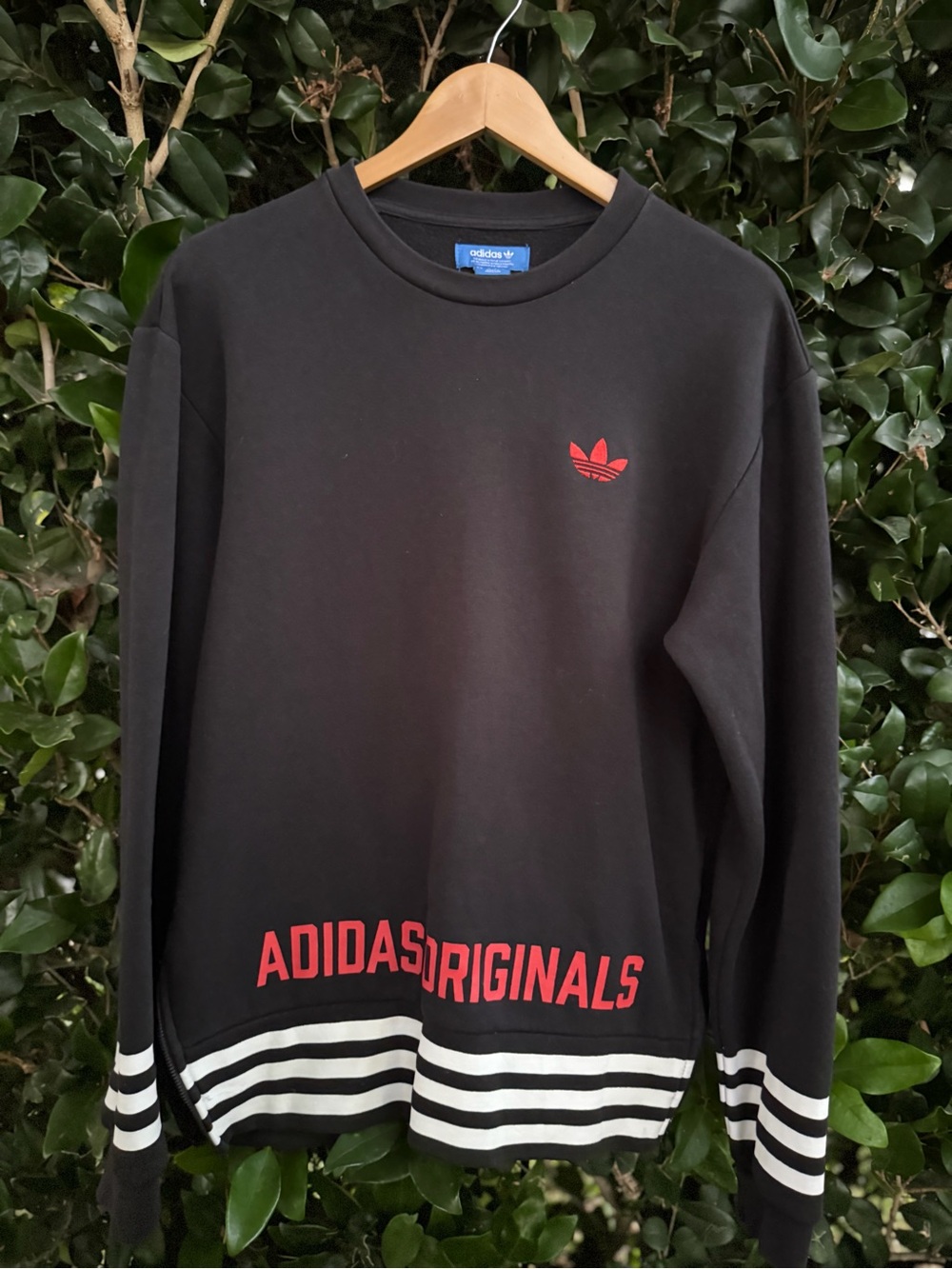 adidas Black Crewneck Sweatshirt with Red Logos and White Stripes